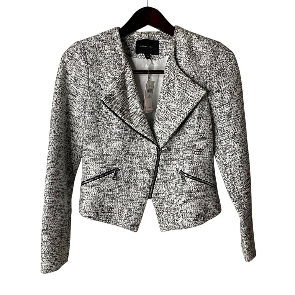 Banana Republic Petite 4 Tweed Moto Jacket Zipper Detail Black White NWT New